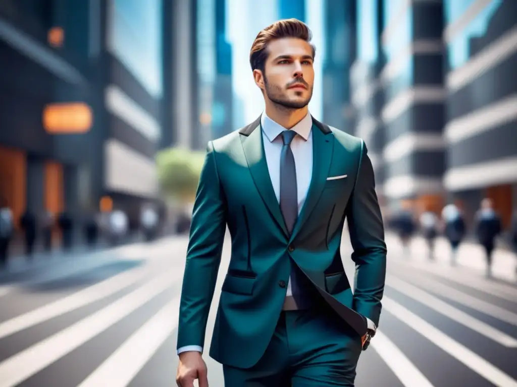 Moda masculina: ingeniero software, traje tecnológico, ciudad futurista