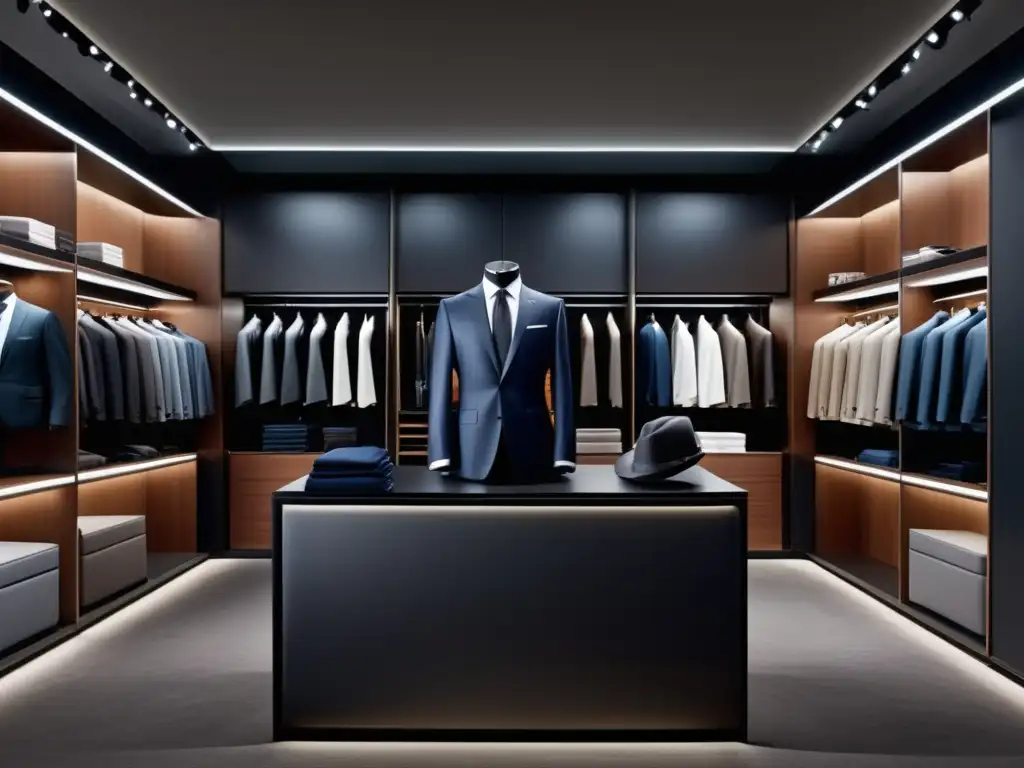 Tendencias moda masculina Hugo Boss - Interior lujoso de tienda de sastres, destacando trajes y artesanía de la marca