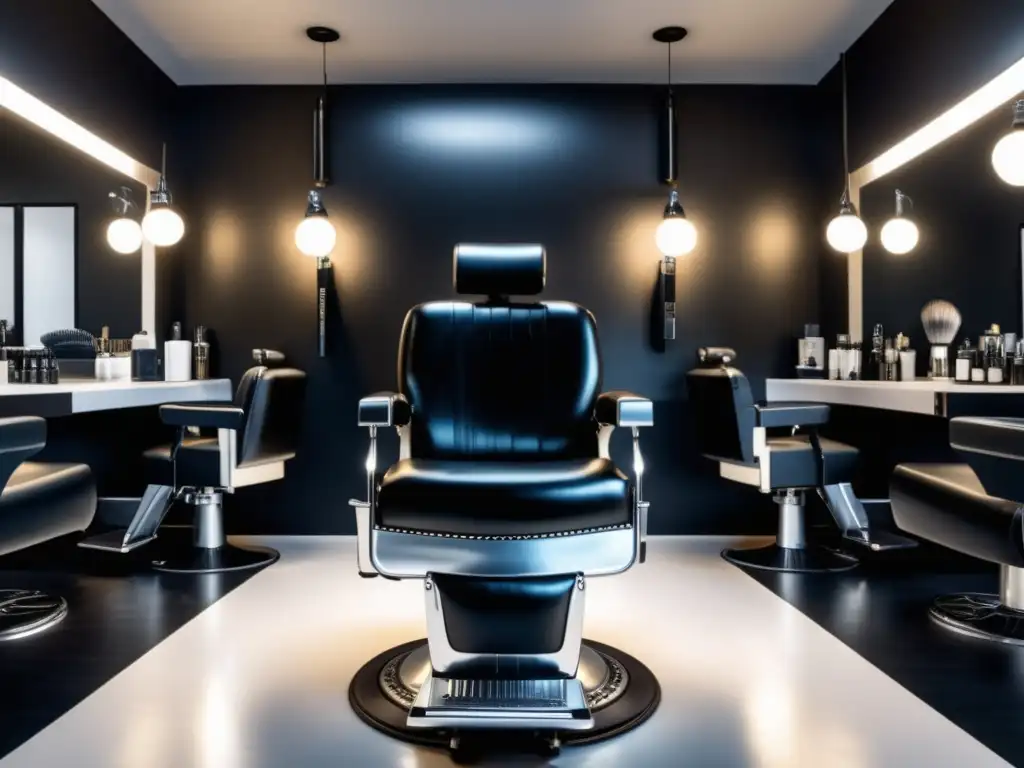 Interior moderno de una barbería con silla de cuero negro, productos de alta gama y barbero experto