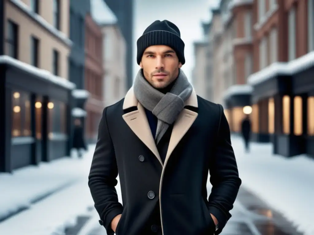 Accesorios invierno hombre: escena moda invernal, calle nevada, hombre elegante con abrigo y complementos sofisticados