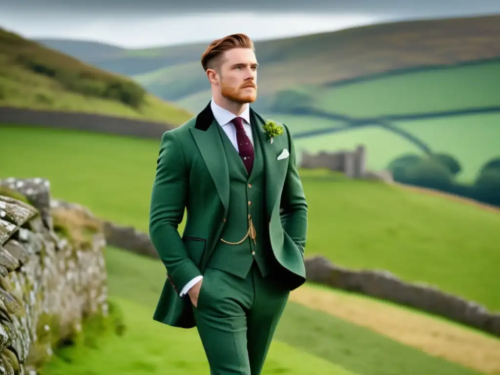 Tendencias moda masculina estilo irlandés: modelo con traje tweed verde esmeralda, camisa blanca y corbata con motivos irlandeses