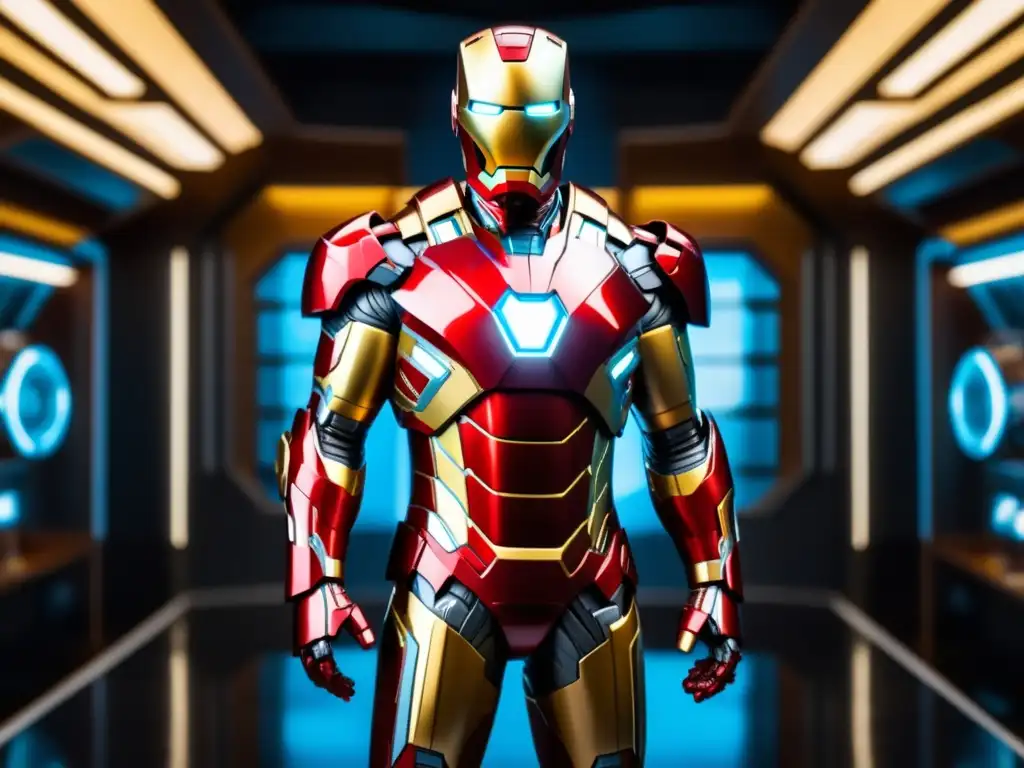 Estilo inolvidable Tony Stark Iron Man, traje rojo y dorado, detalles intrincados, reactor arc, ciudad al atardecer