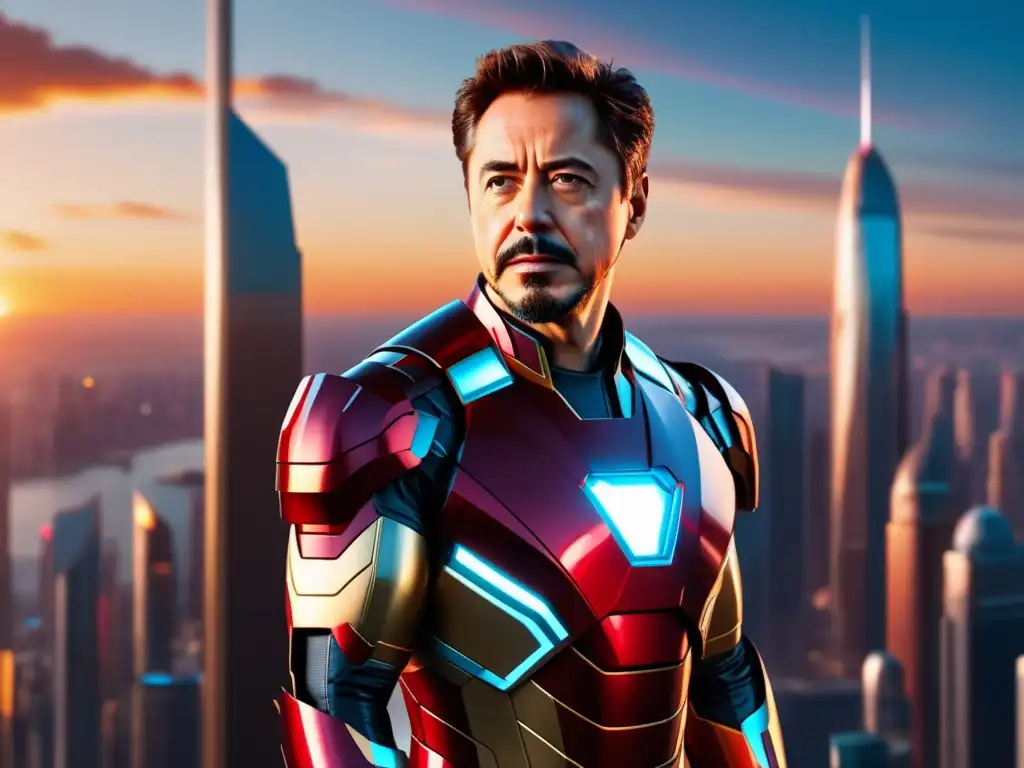 Estilo inolvidable Tony Stark Iron Man en futurista ciudad al atardecer