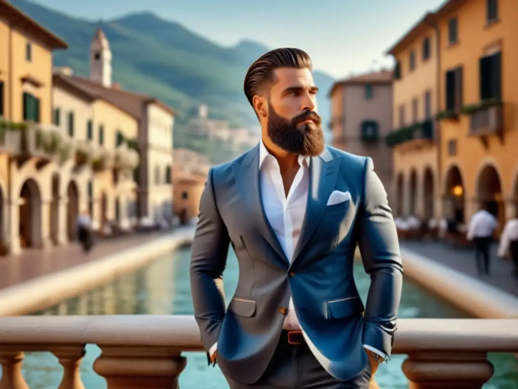 Tendencias moda masculina estilo italiano: imagen de hombre italiano elegante en piazza con arquitectura icónica de Italia