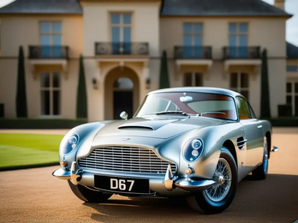 Influencia de James Bond en moda: Aston Martin DB5 plateado frente a una mansión lujosa, resaltando su elegancia y curvas