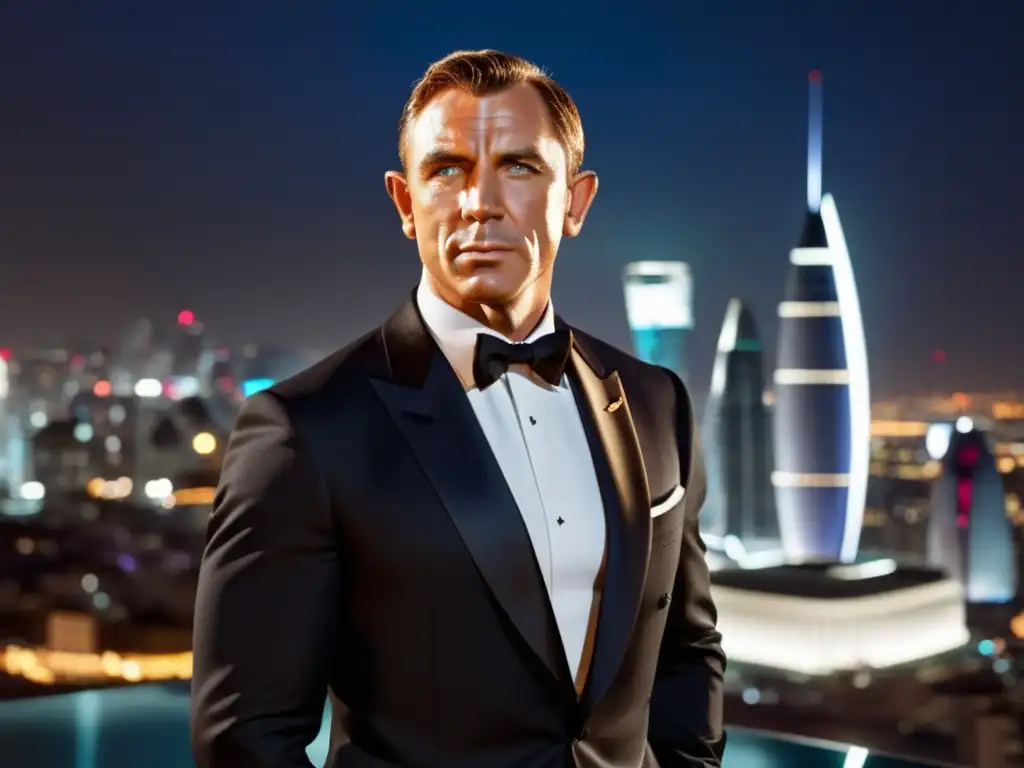 Estilo de James Bond para hombres - Imagen de Bond en tuxedo negro, ciudad nocturna iluminada, reflejos en rascacielos