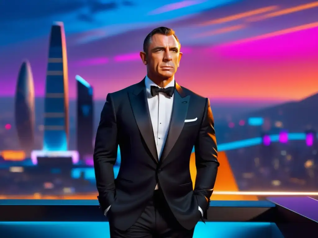 Estilo de James Bond: Tuxedo negro, skyline futurista, luces de neón, elegancia y sofisticación