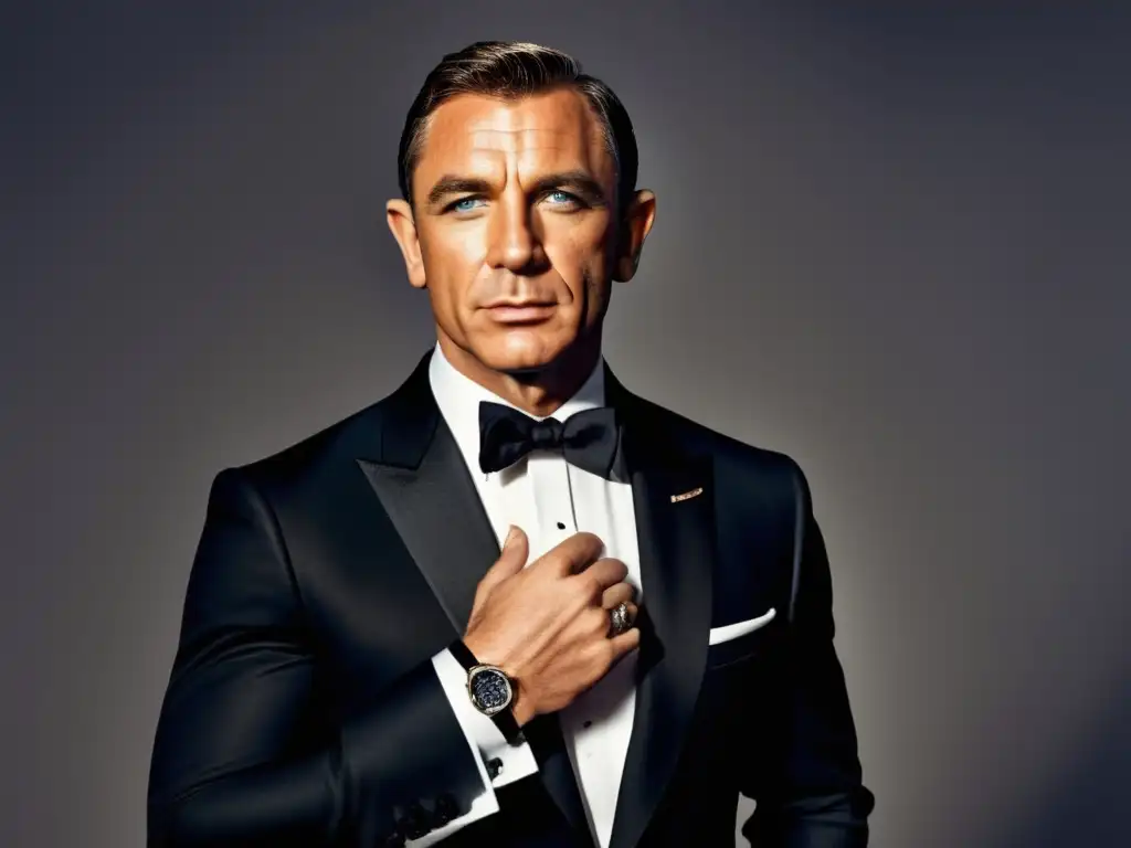 Estilo de James Bond para hombres en una imagen elegante y sofisticada de Bond en un tuxedo impecable y una lujosa sala de baile