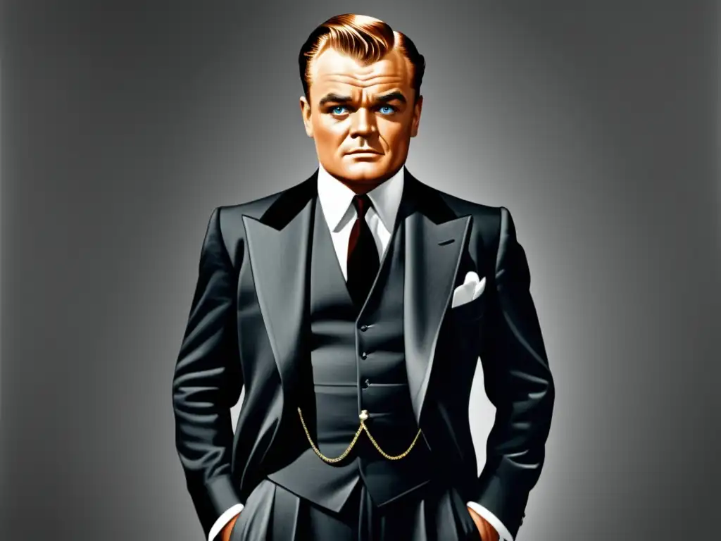 Moda masculina estilo rebelde James Cagney en un retrato 8K ultradetallado, destacando su atuendo y actitud icónicos en los años 30