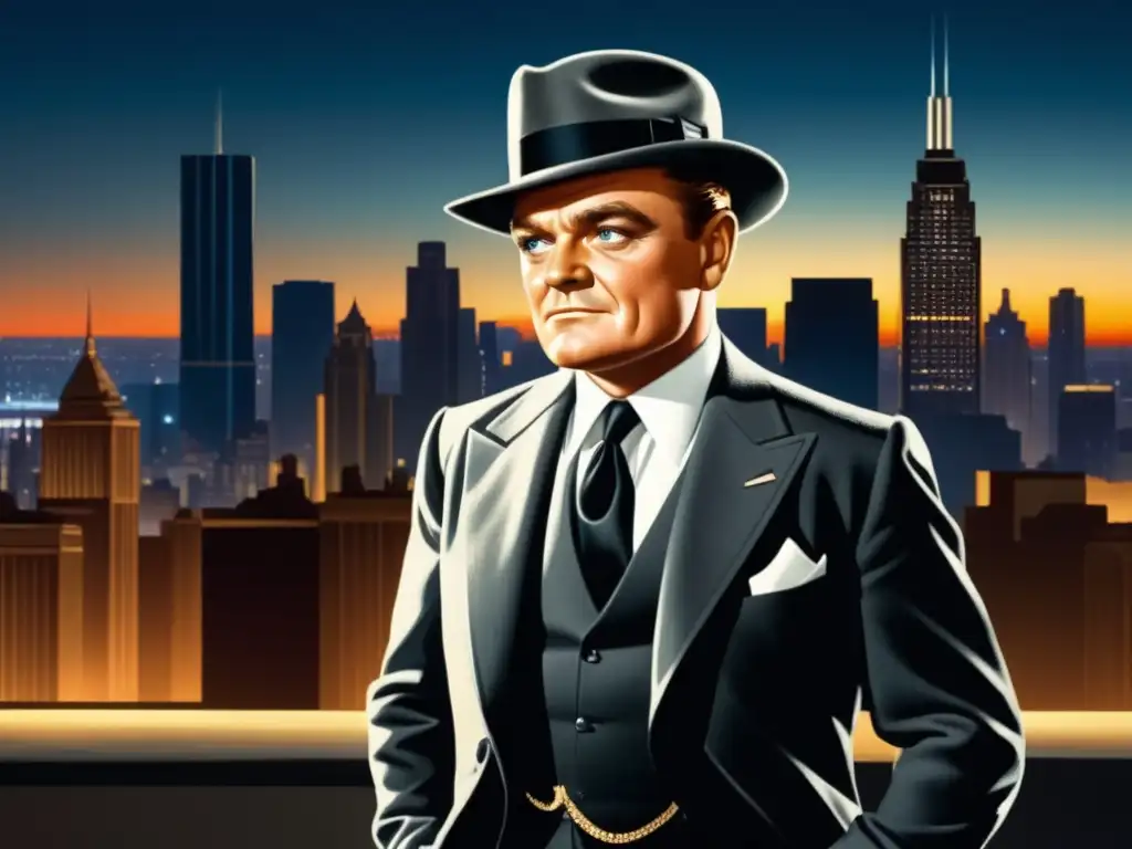 Moda masculina estilo rebelde James Cagney en traje negro ajustado con camisa blanca y corbata negra