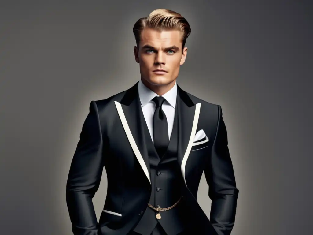 Moda masculina estilo rebelde James Cagney, traje negro elegante con detalles únicos y actitud confiada en entorno urbano