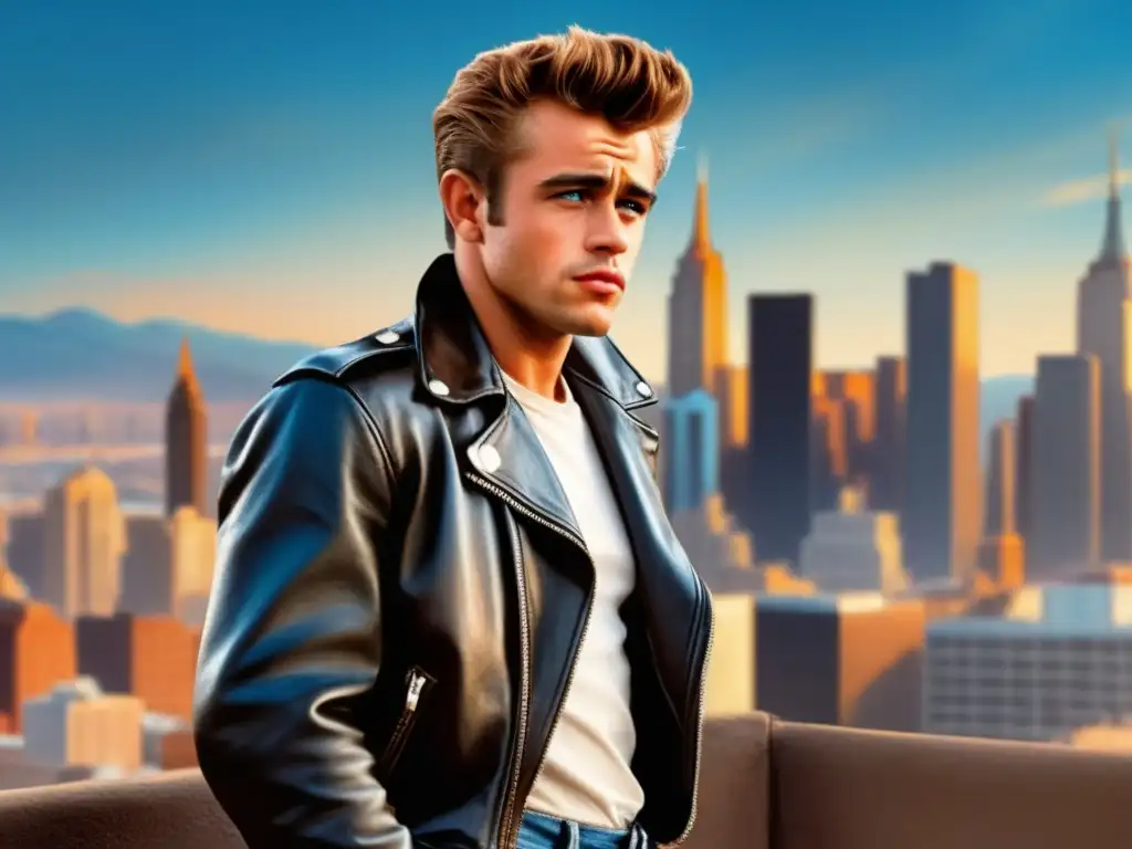 Moda masculina inspirada en James Dean, rebelde icónico con estilo, contra el vibrante telón de fondo de la ciudad