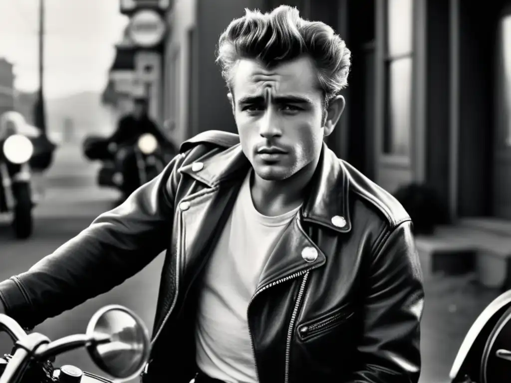 Moda masculina inspirada en James Dean: retrato en blanco y negro de James Dean en motocicleta vintage, con expresión rebelde y estilo sin esfuerzo