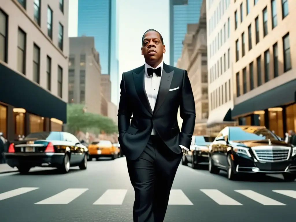 JayZ, icono de estilo y moda masculina, en traje negro elegante, camisa blanca y corbata negra