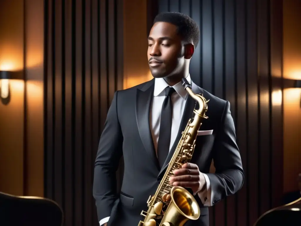 Hombre elegante en traje negro, con saxofón vintage, en club de jazz