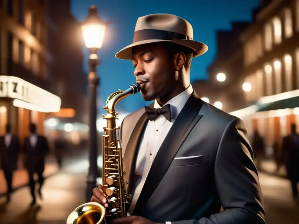 Músico de jazz elegante y confiado tocando el saxofón bajo la luz de una farola en una ciudad bulliciosa por la noche