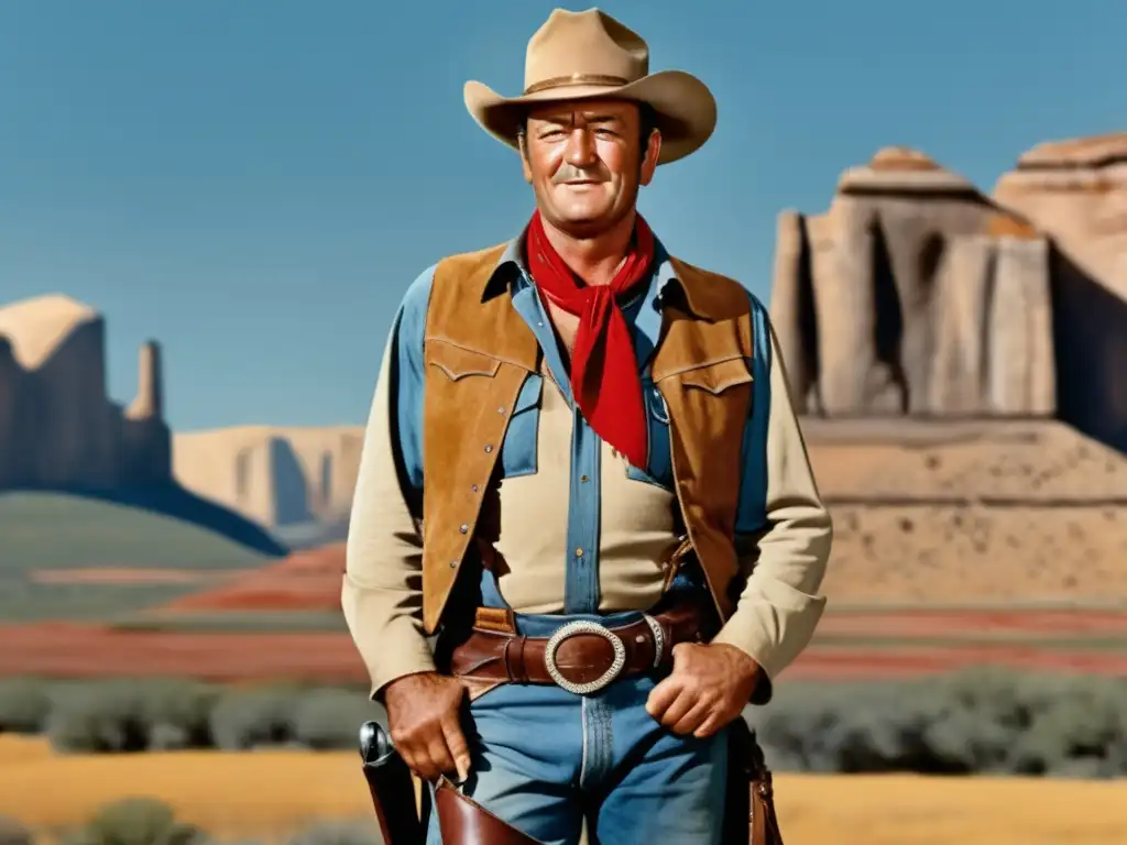 Moda de John Wayne en la Cultura Cowboy: imagen detallada del icónico actor vestido de vaquero, rodeado de un paisaje del Oeste