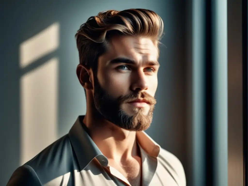 Fotografía para hombres modernos: joven atractivo con barba y estilo, iluminación natural y artificial crean una imagen impactante