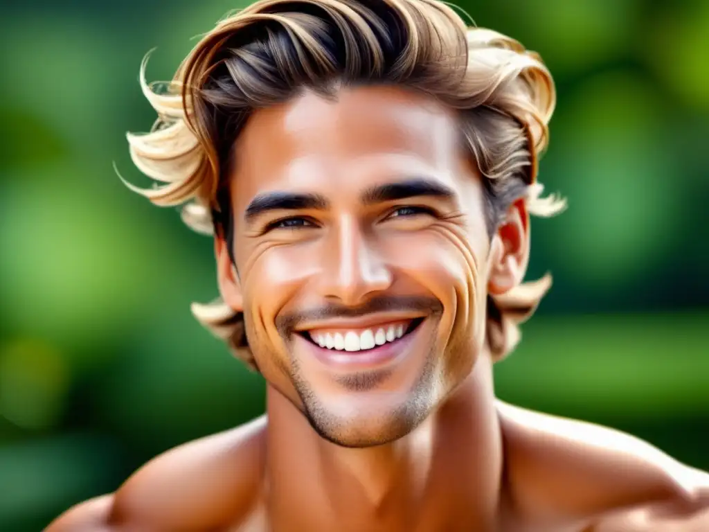 Vitaminas para mejorar el estilo masculino: Joven con piel radiante y cabello perfecto, sonriendo confiado en una imagen 8k ultradetallada