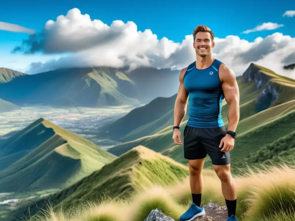 Joven en forma combate estrés con ejercicio masculino en la cima de una montaña