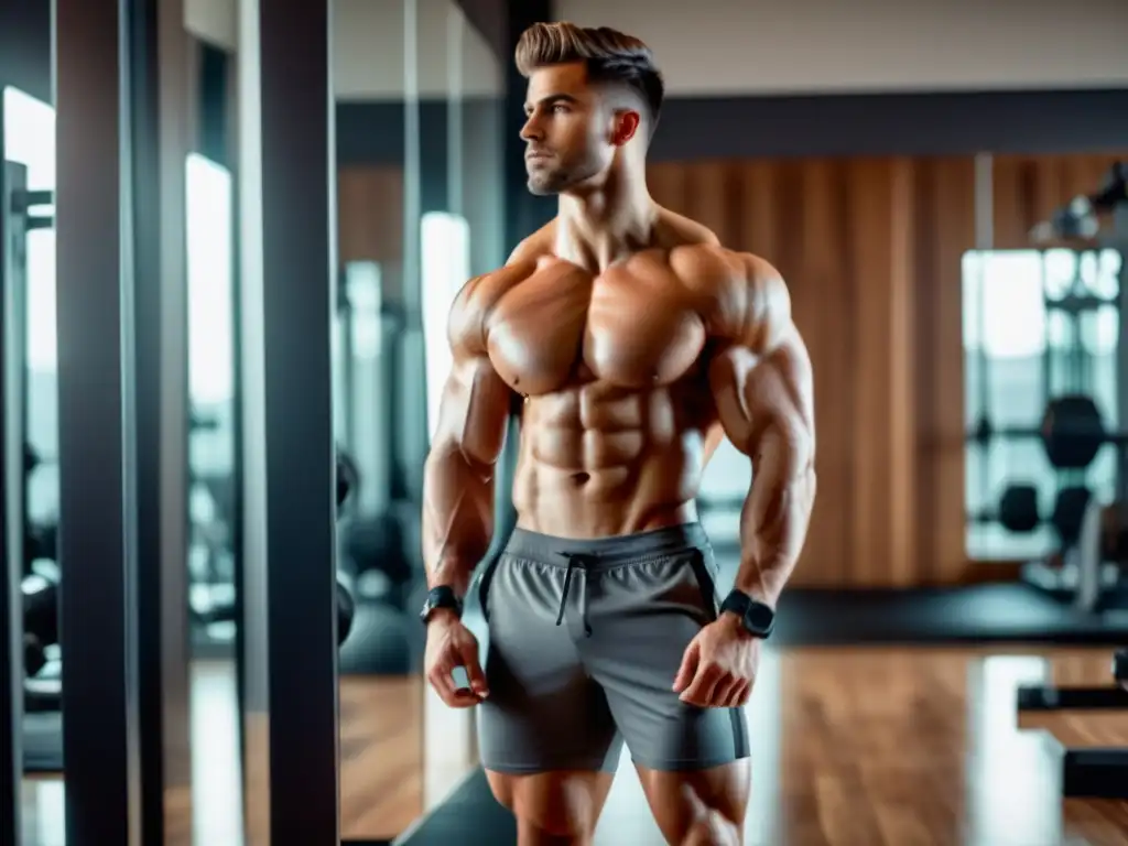 Hombre seguro y en forma reflejado en espejo de gimnasio, destacando importancia del peso saludable en hombres