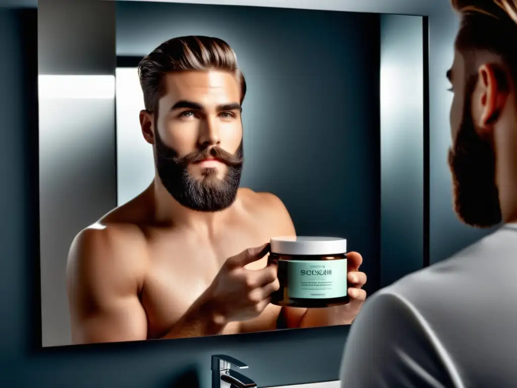 Joven con barba y piel impecable frente a espejo moderno, usando exfoliante