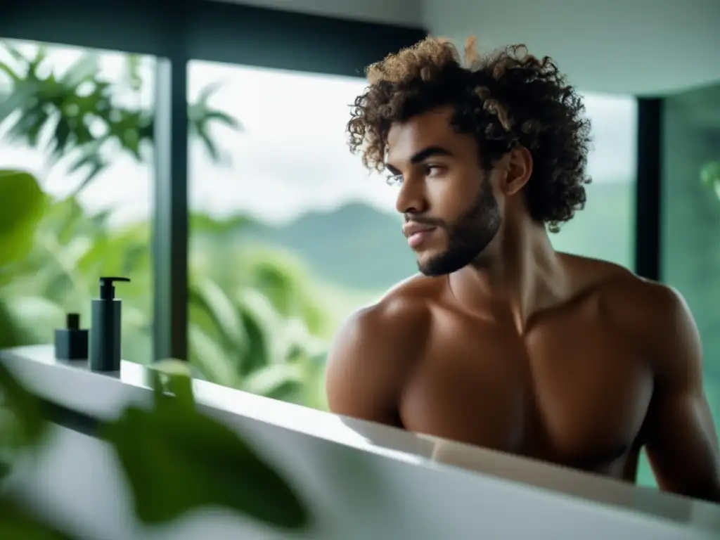 Joven con cabello rizado en elegante baño, reflejado en espejo, lista para cuidado del cabello #CortesDePeloRizadoHombres