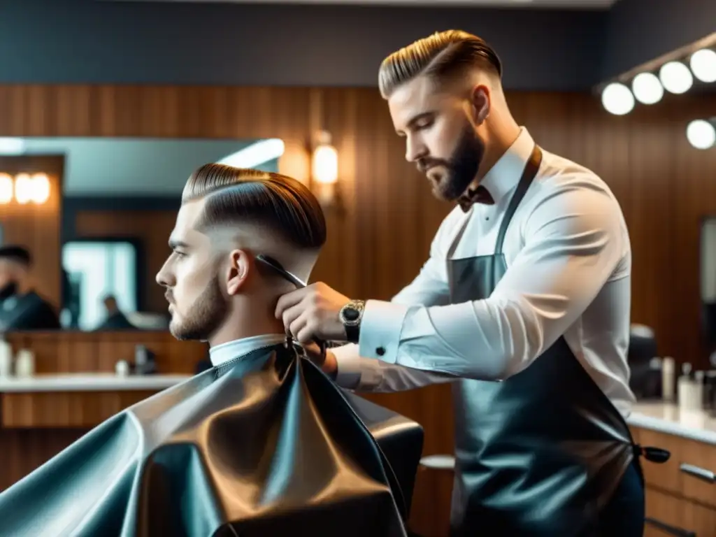 Hombre joven con corte clásico, barbero experto en silla moderna realizando un preciso fade