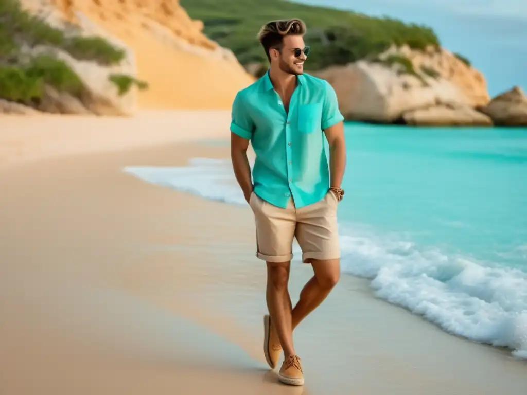 Tendencias moda masculina verano juvenil: joven en outfit veraniego, playa turquesa, ropa ligera y estampados llamativos, refleja espíritu y estilo