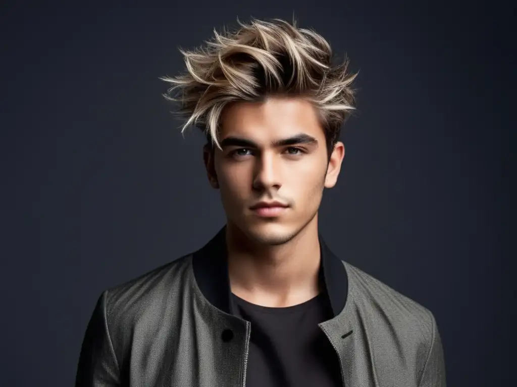 Peinados hombres pelo corto modernos: joven con cabello texturizado, despeinado y estilo moderno, fondo oscuro