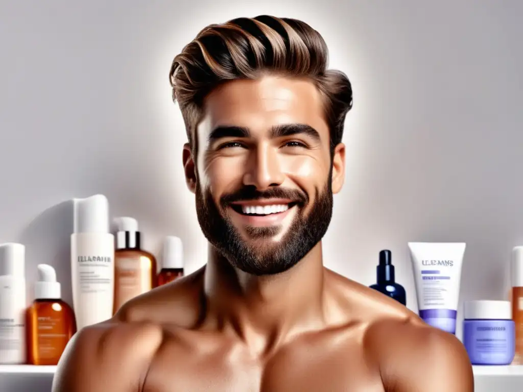 Hombre joven con piel perfecta rodeado de productos de cuidado de la piel para hombres