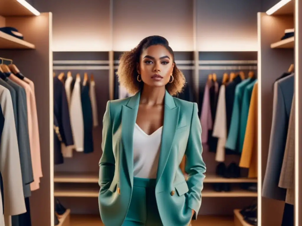 Mujer segura en vestidor moderno, reflejando estilo personal y su impacto en la identidad