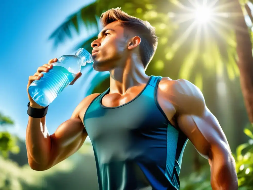 Dieta energética para hombres activos, imagen de un joven enérgico bebiendo agua al aire libre