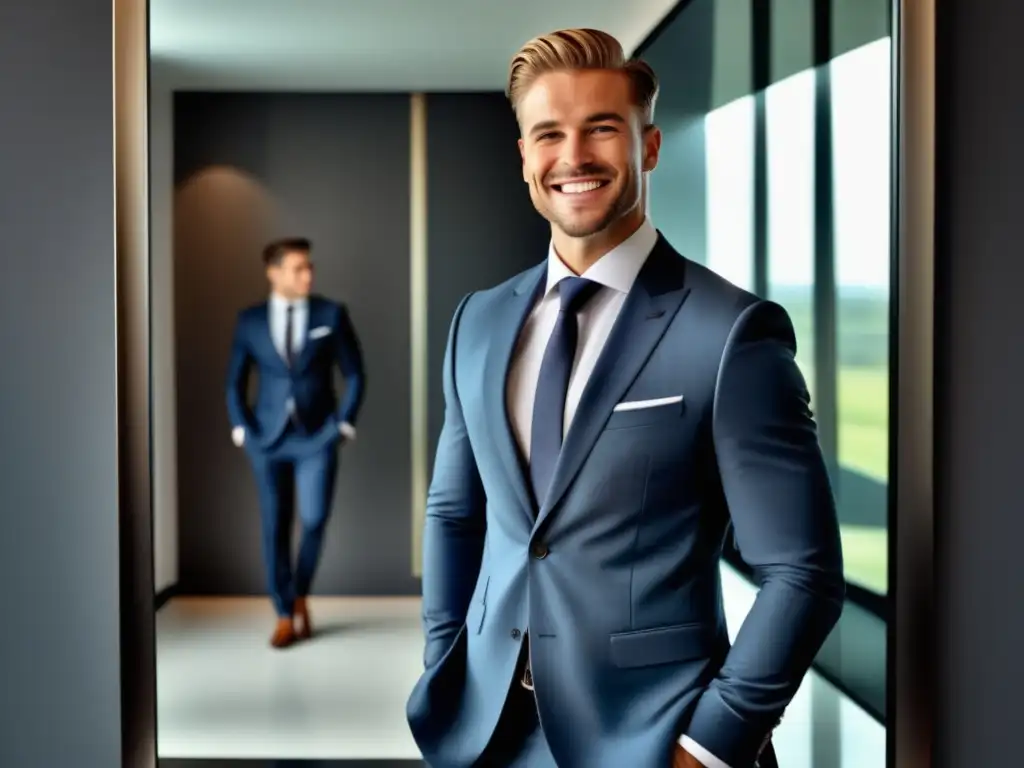 Hombre con traje ajustando corbata, reflejando confianza y estilo - Importancia de la moda masculina para la autoestima