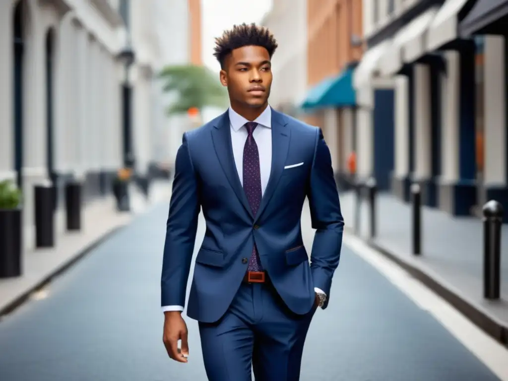 Joven elegante caminando por la ciudad con traje azul marino y accesorios - Tendencias de moda masculina juvenil