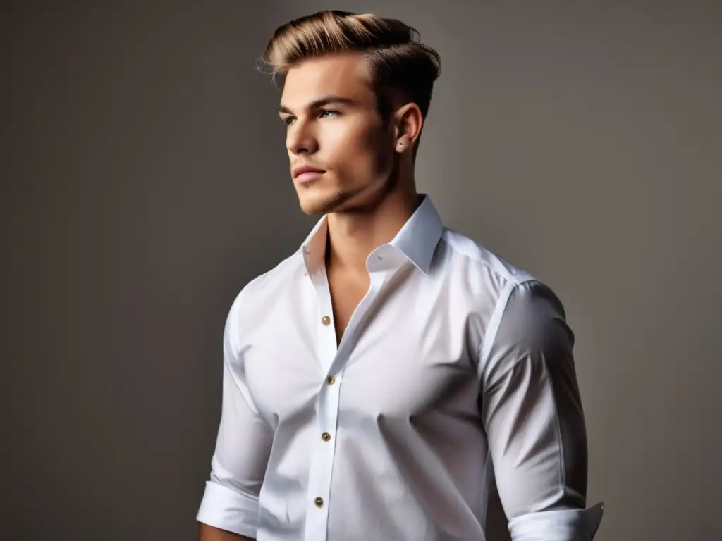 Moda masculina juvenil: Joven elegante con camisa blanca ajustada y sofisticada