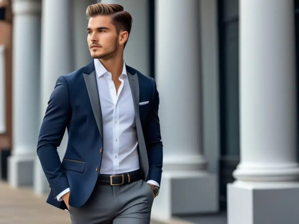 Joven elegante con blazer azul marino, camisa blanca, pantalones grises y accesorios de cuero negro