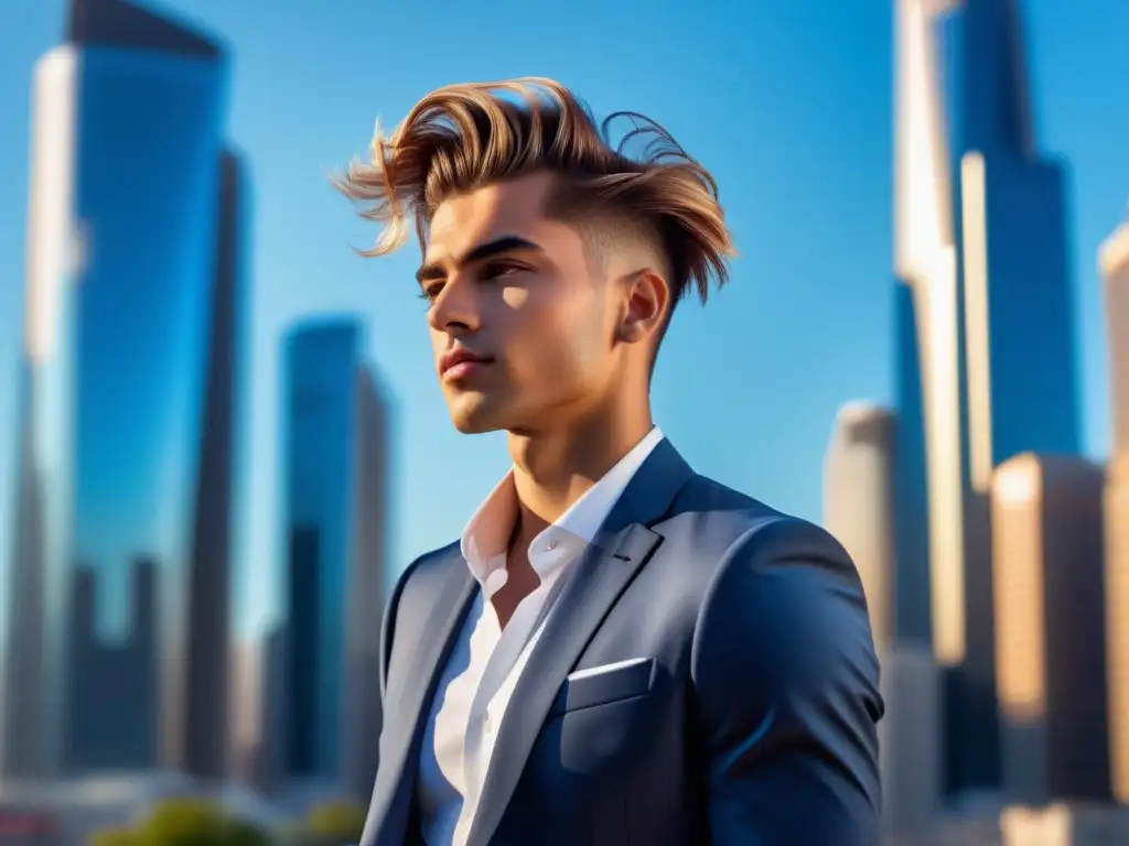 Hombre con cabello perfectamente estilizado y seguro de sí mismo, resaltando los beneficios de los productos de styling para cabello masculino