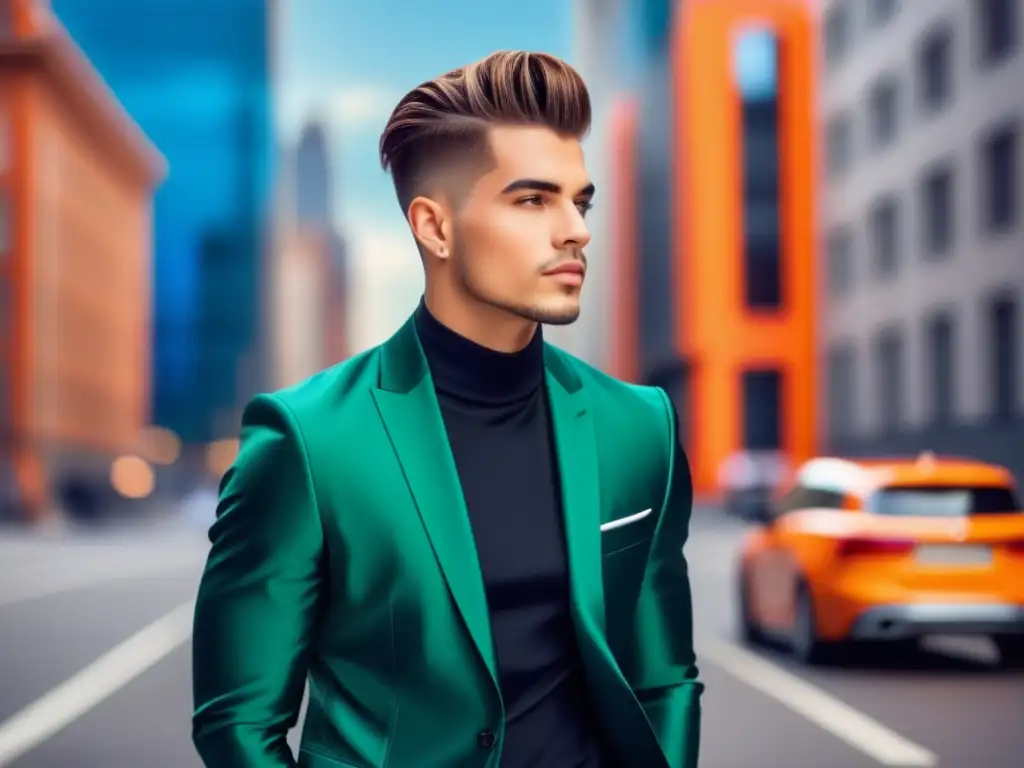 Nuevas tendencias moda masculina: joven estilizado con corte moderno, atuendo a la moda, confiado, posando en vibrante entorno urbano