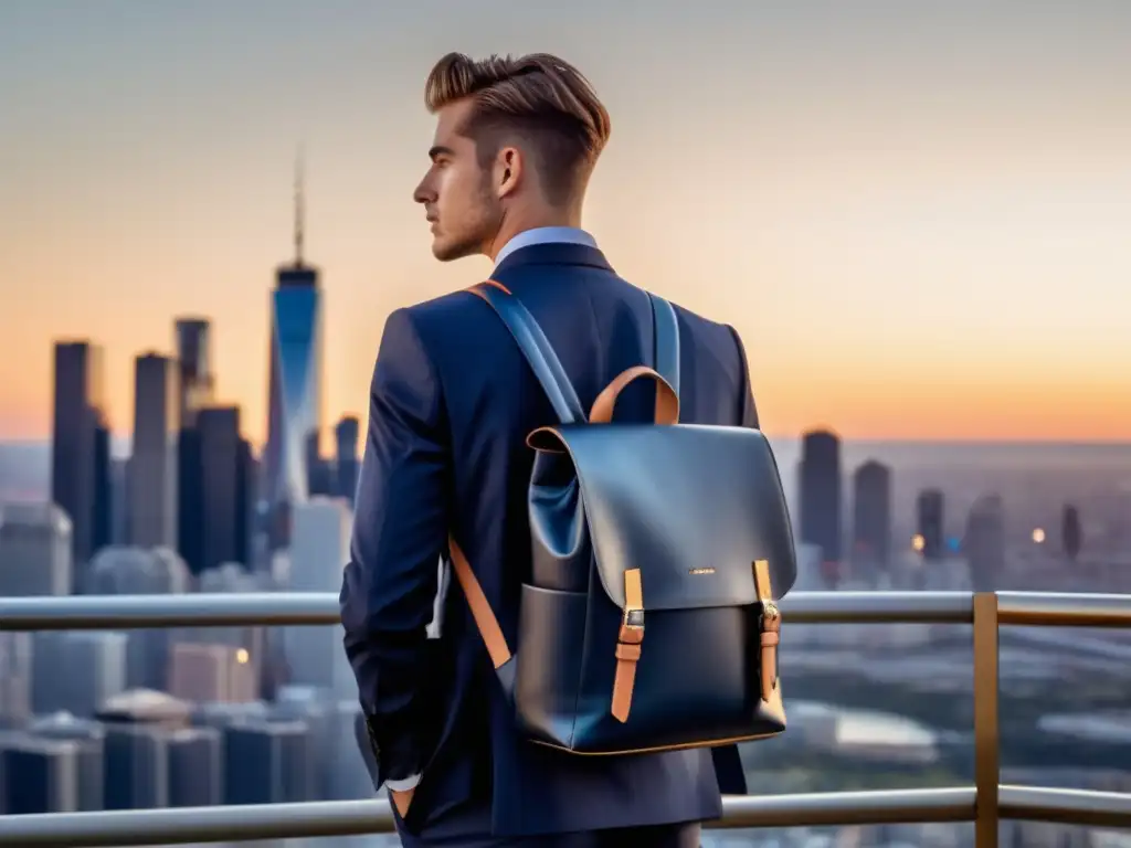 Hombre elegante en traje azul marino lleva mochila negra de diseño minimalista - Combinaciones de mochila y outfit masculino