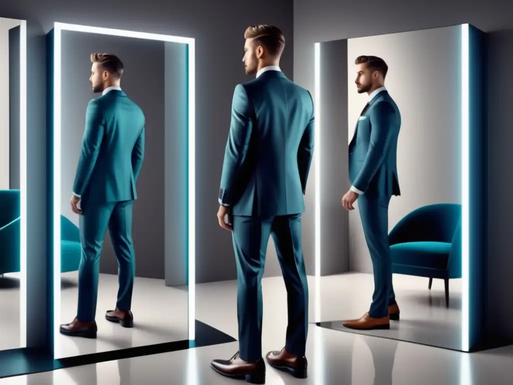 Hombre elegante en espejo aumentado: beneficios de la realidad aumentada en moda masculina