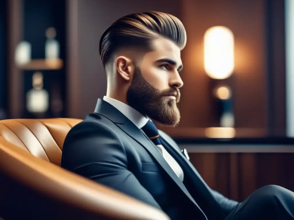 Hombre con barba y corte de cabello en barbershop, elegante y profesional (Cortes de cabello para hombres con barba)