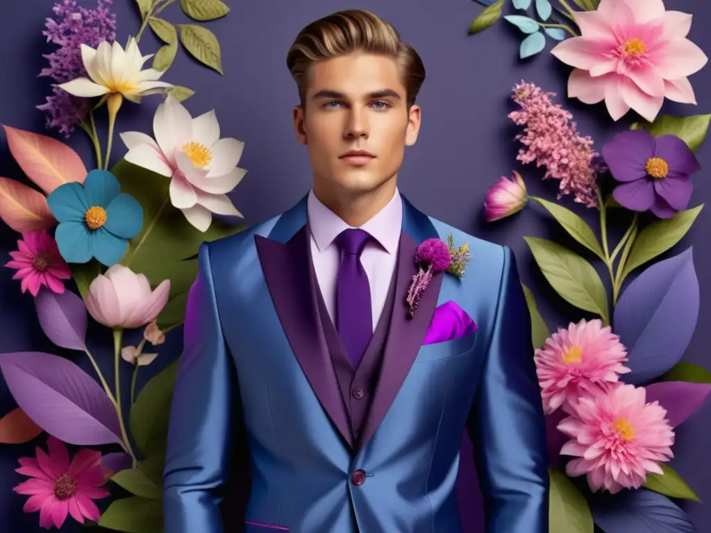 Impacto psicológico moda masculina: Joven elegante en traje floral, detallado y vibrante, frente a fondo minimalista