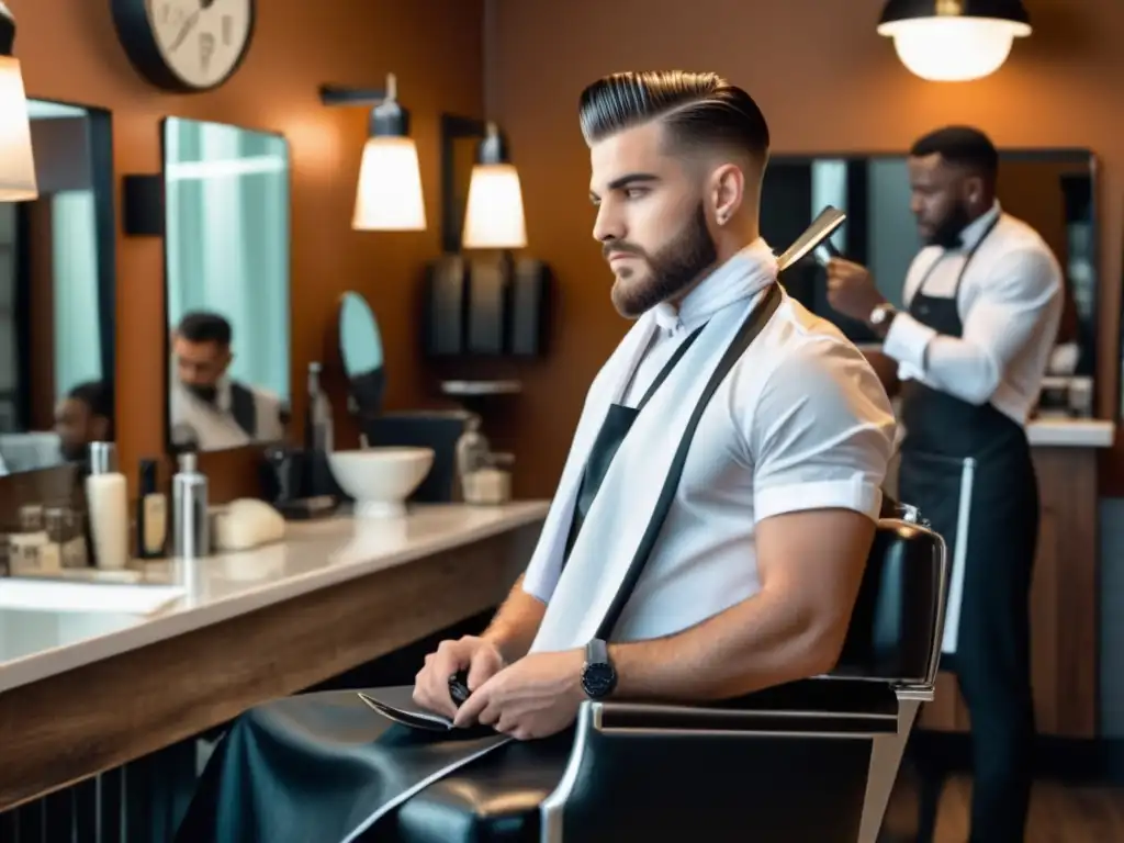 Hombre moderno recibiendo un afeitado preciso en una barbería elegante