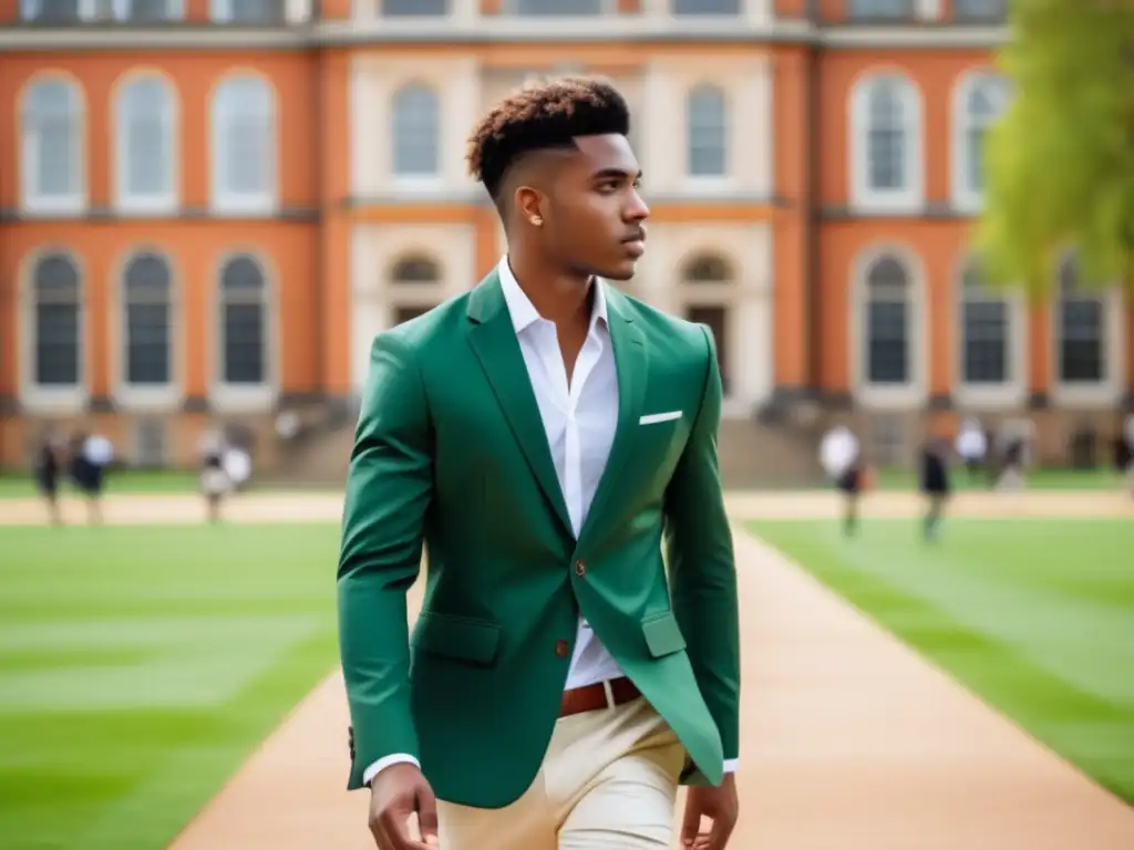 Consejos moda masculina universidad: joven elegante caminando por el campus universitario