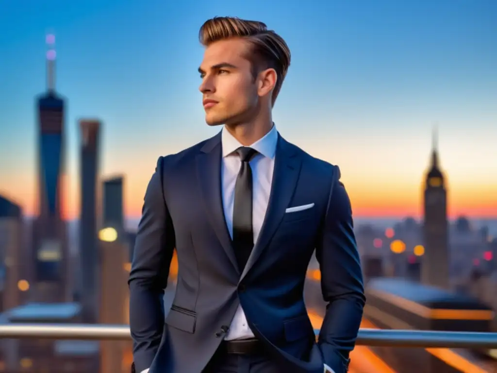 Hombre elegante en ciudad al atardecer, traje azul, camisa blanca, barba cuidada