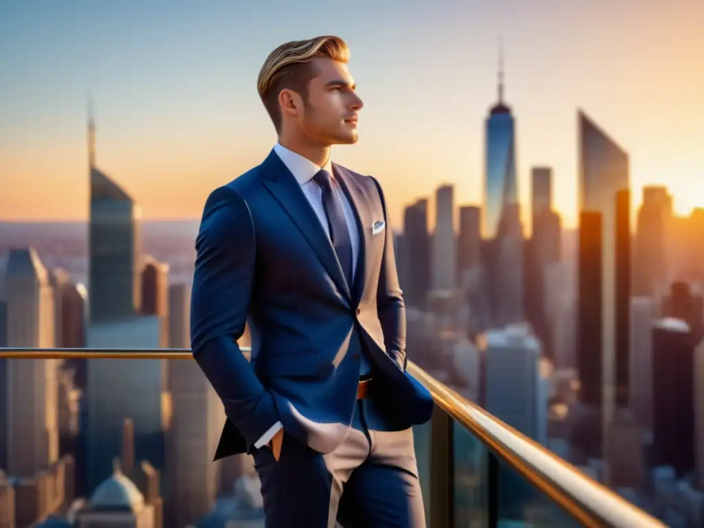 Fotografía de moda masculina destacada: joven elegante en traje azul frente a ciudad vibrante al atardecer