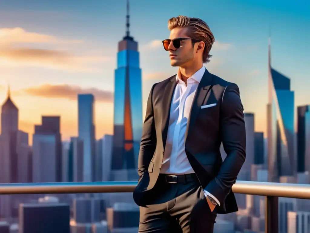 Fotografía estilo masculino poderoso, hombre seguro en traje negro junto a vibrante ciudad moderna al atardecer