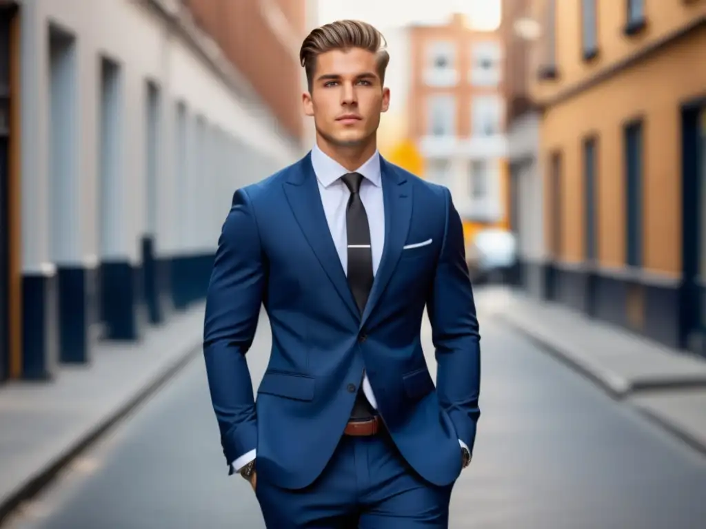 Joven elegante en la ciudad con traje azul y rosas rojas - Consejos moda masculina juvenil cita