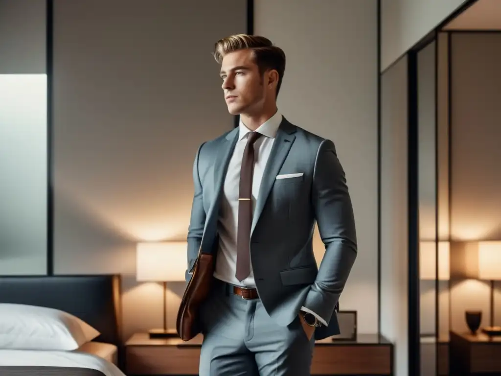 Hombre elegante ajustando su atuendo y reflejando empoderamiento en habitación moderna con detalles de moda masculina